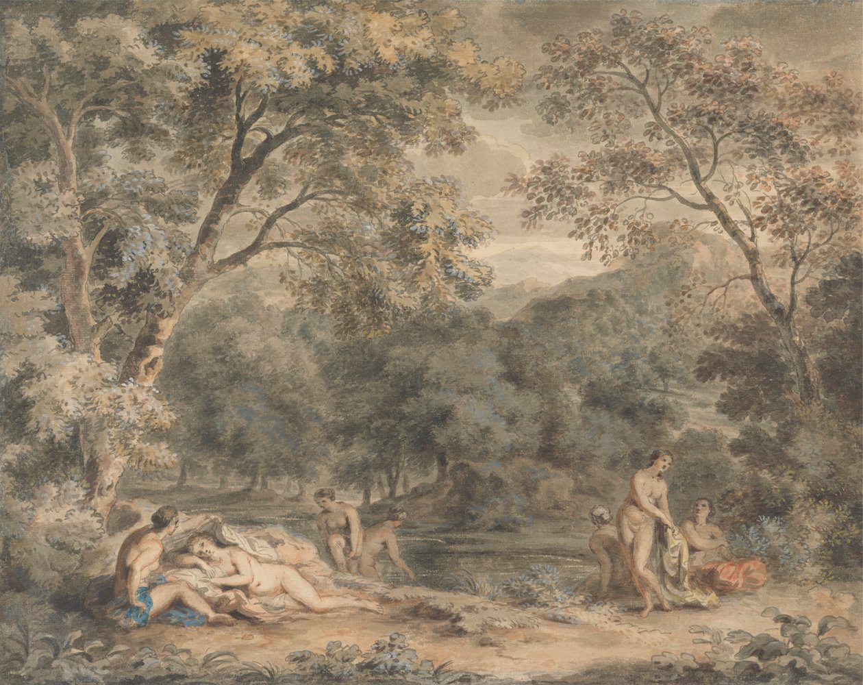 Ninfas tomando banho em um Gladepolish arborizado autorstwa William Taverner