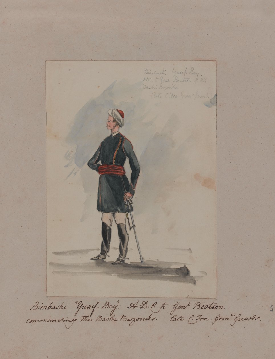Bimbashi „Yusuf Bey” ADC do Genl. Beatson dowodzący Bashi Bazouks. Późny C. Fox. Grenr Guards” (akwarela) autorstwa William Thomas Markham