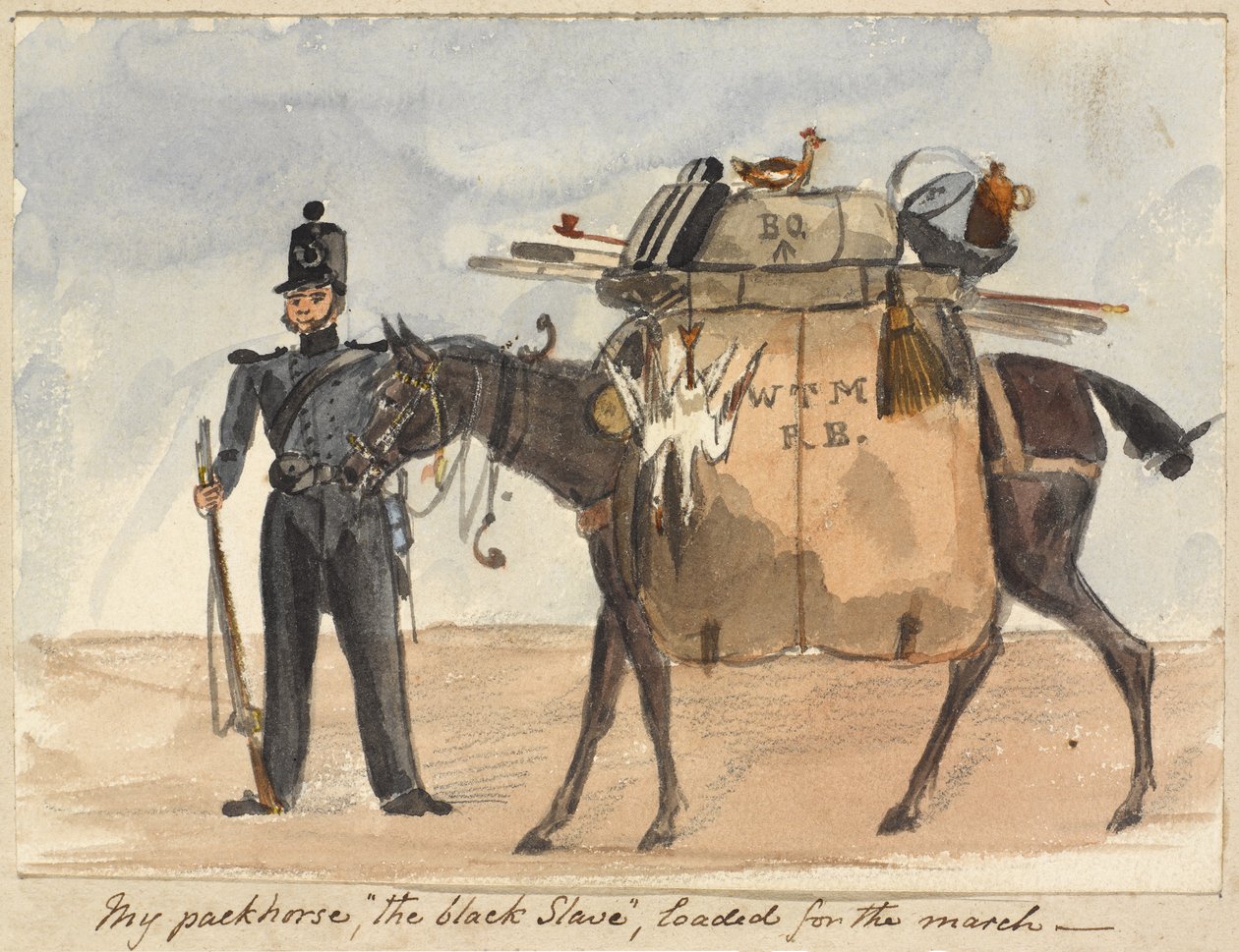 Mój koń juczny, czarny niewolnik, załadowany do marszu, ok. 1854 r. (akwarela i ołówek na papierze) autorstwa William Thomas Markham