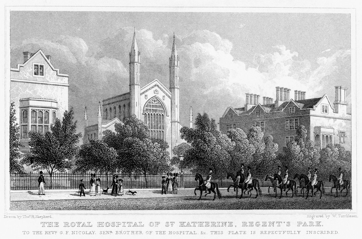 Szpital Królewski św. Katarzyny, Regents Park, Londyn, 1827 r. autorstwa William Tombleson
