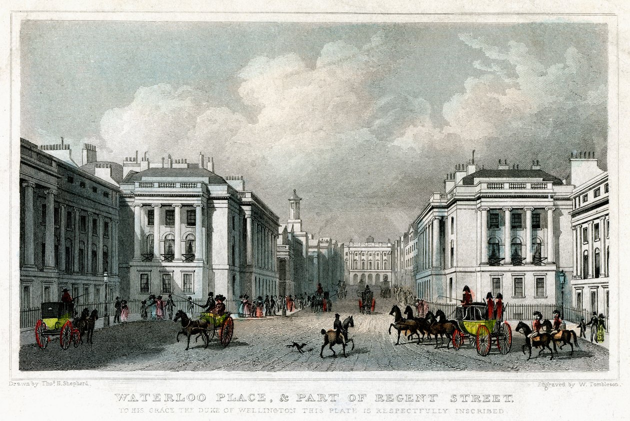 Waterloo Place i część Regent Street, Westminster, Londyn, 1828. autorstwa William Tombleson