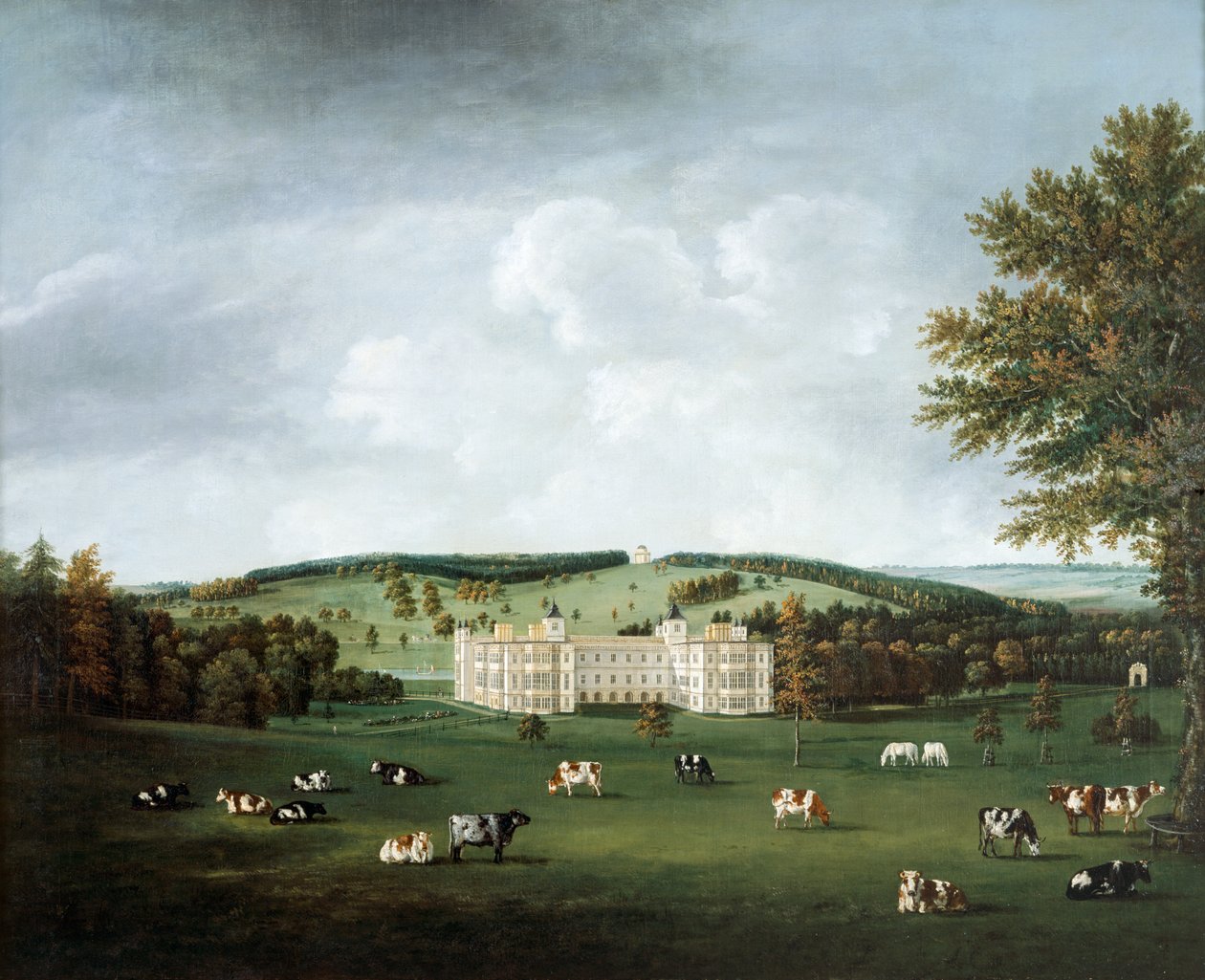 Audley End i Ring Hill Temple ok. 1788 r. (olej na płótnie) autorstwa William Tomkins