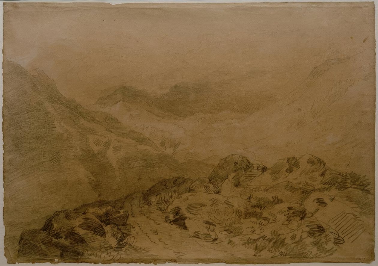 Skalista przełęcz między górami (Glen Croe, ze zboczami Ben Arthura: Ben an Lochain) autorstwa Joseph Mallord William Turner