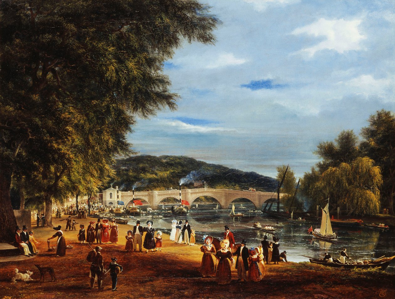 Widok na most Richmond z łodziami na rzece i promenadą z figurami, autorstwa Joseph Mallord William Turner