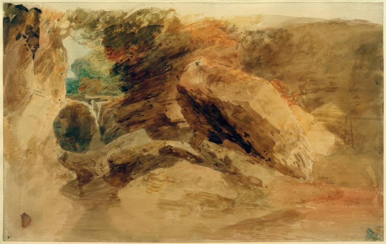 Skały pod klifem, ze strumieniem wpadającym do wąskiego kanału autorstwa Joseph Mallord William Turner
