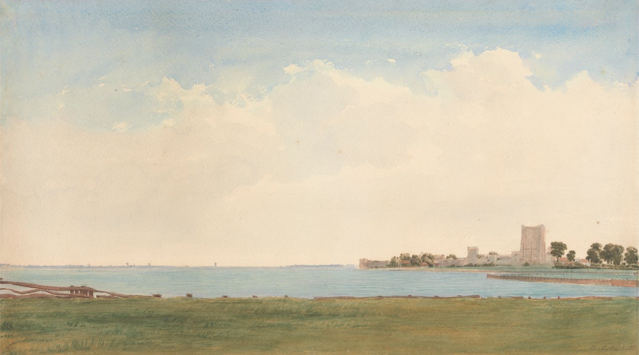 Zamek Portchester: widok z wioski Portchester, patrząc przez wodę do Portsmouth autorstwa William Turner of Oxford
