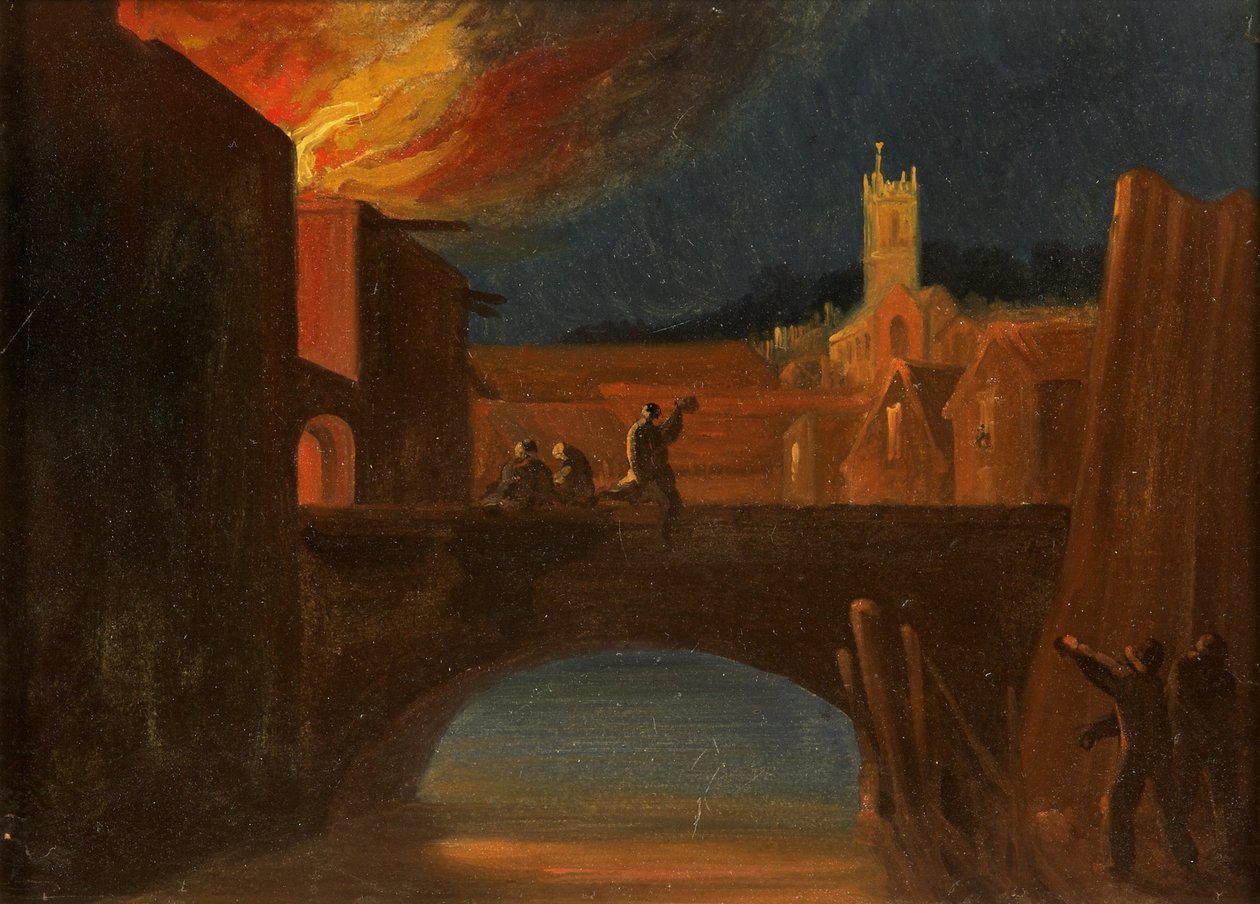 Bristol Riots: The Burning of Bridewell, z kościołem św. Michała, Most Bridewell, ok. 1831 (olej na papierze) autorstwa William W. Wheatley