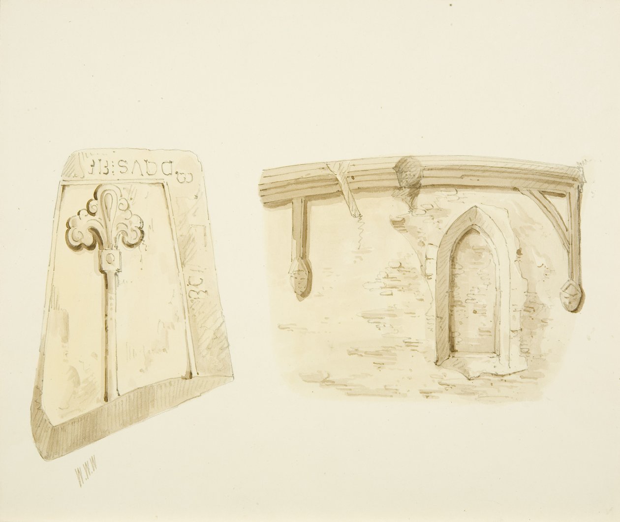 Fragment grobowca i pozostałości okna w kościele św. Jakuba w Bristolu (ołówek i akwarela na papierze) autorstwa William W. Wheatley