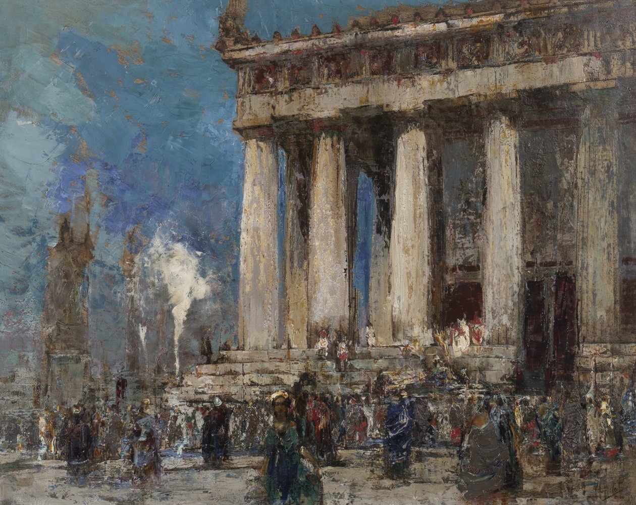 Świątynia grecka, 1919 (olej nad akwafortą na papierze) autorstwa William Walcot
