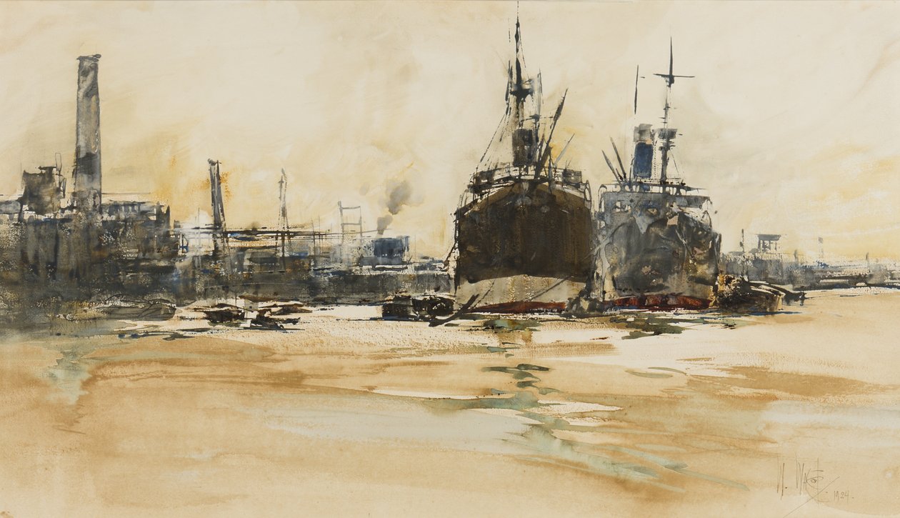 The Pool of London, 1924 (pióro, pędzel, atrament, toaleta i gwasz na papierze) autorstwa William Walcot