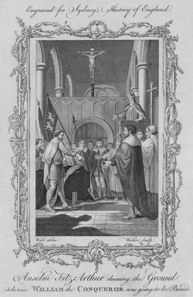 Anselm Fitz Arthur rości sobie prawo do ziemi, na której miał być pochowany Wilhelm Zdobywca, 1773 r. autorstwa William Walker
