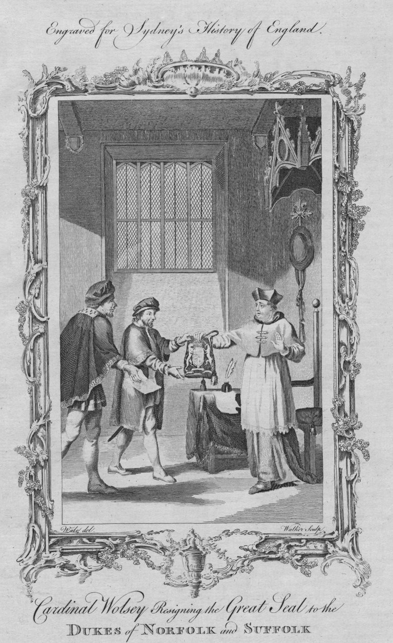 Kardynał Wolsey rezygnujący z Wielkiej Pieczęci dla książąt Norfolk i Suffolk, 1773. autorstwa William Walker