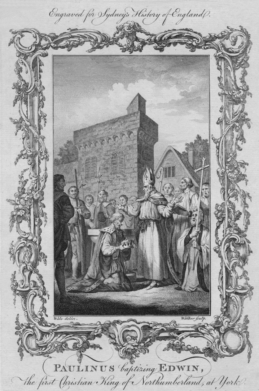 Paulin chrzcił Edwina, pierwszego chrześcijańskiego króla Northumberland, w Yorku, 1773. autorstwa William Walker