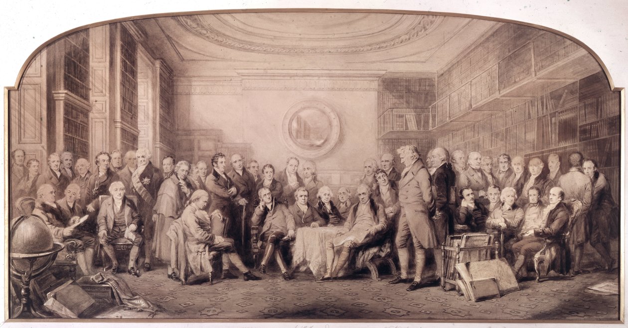 Wybitni ludzie nauki w latach 1807-1808. Spotkanie w bibliotece Królewskiego Instytutu Nauk w Anglii. Grawerowanie autorstwa Williama Walkera i Sir Johna Gilberta (1817 - 1897) - Wybitni ludzie nauki żyjący w 1807 r. - Wybitni ludzie nauki autorstwa William Walker
