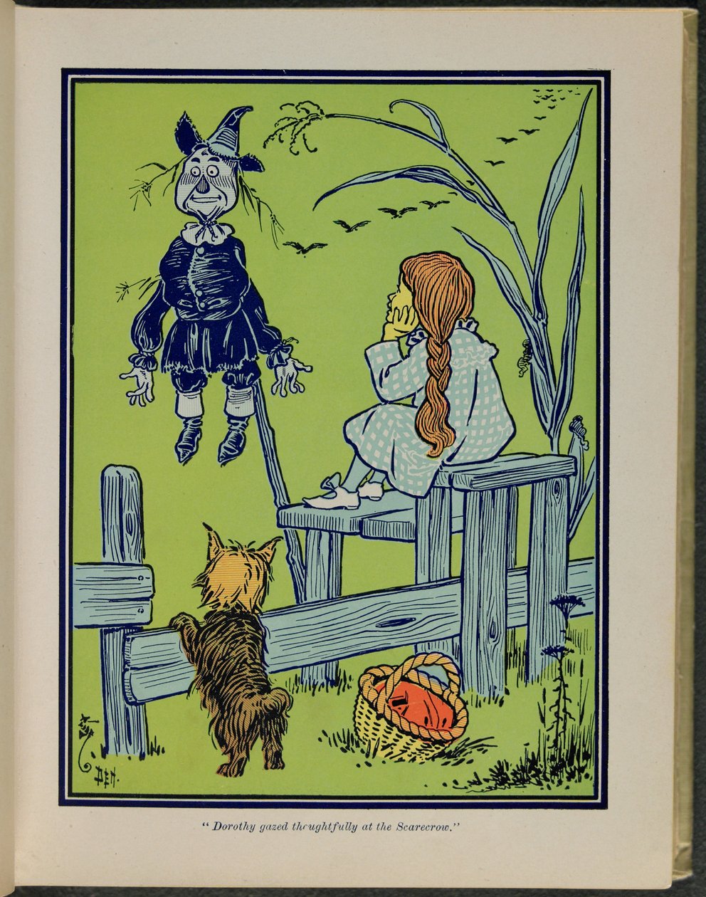 "Dorotka spogląda w zamyśleniu na Stracha na Wróble", ilustracja z "Czarnoksiężnika z Krainy Oz" Lymana Franka Bauma autorstwa William Wallace Denslow