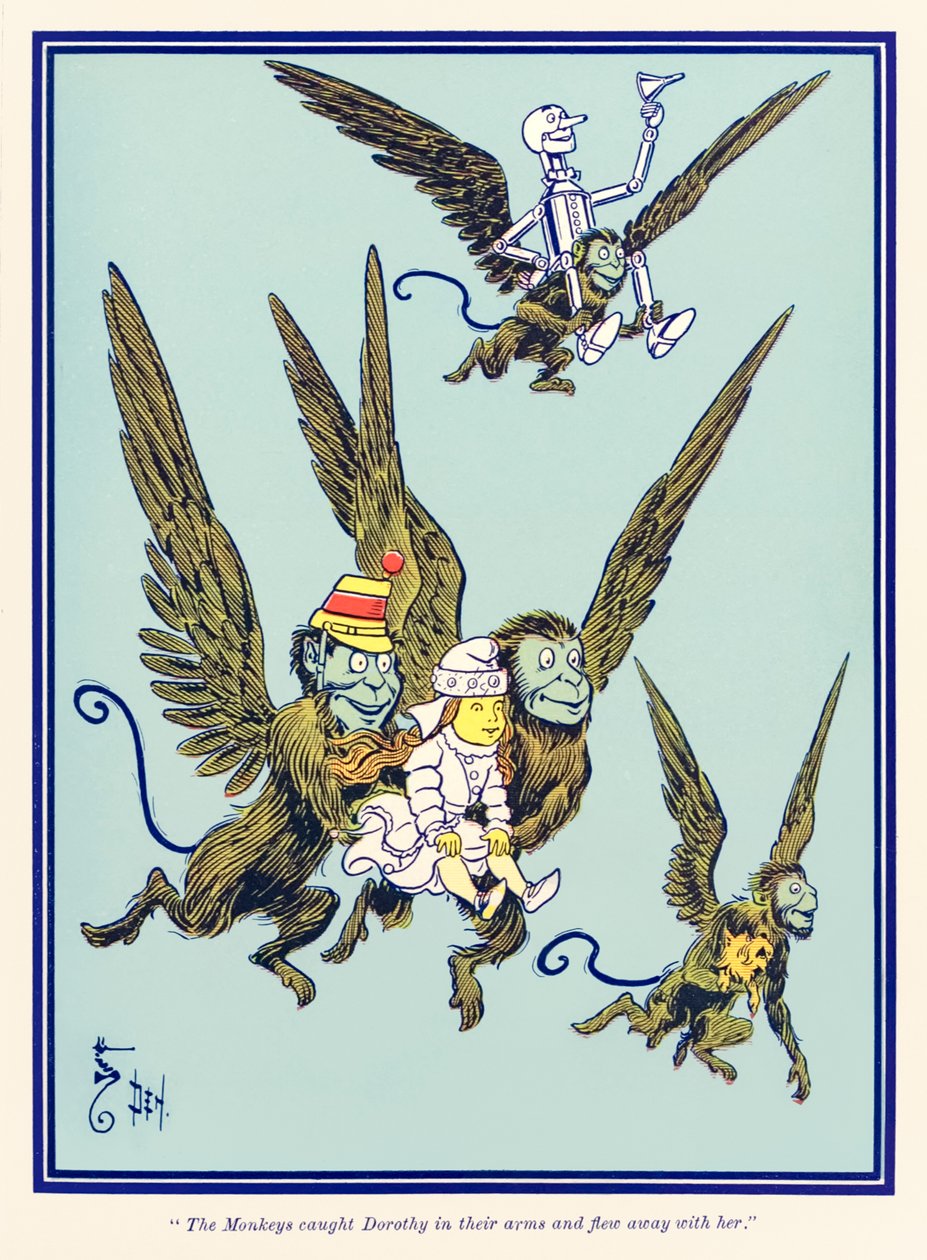 „Małpy złapały Dorotę w ramiona i odleciały z nią” z „Wspaniałego czarnoksiężnika z krainy Oz” L. Franka Bauma autorstwa William Wallace Denslow