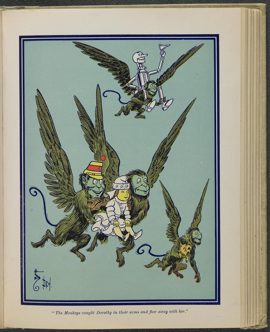 "Małpy złapały Dorotkę w ramiona i odleciały z nią", ilustracja z książki "Czarnoksiężnik z krainy Oz" autorstwa Lymana Franka Bauma. autorstwa William Wallace Denslow