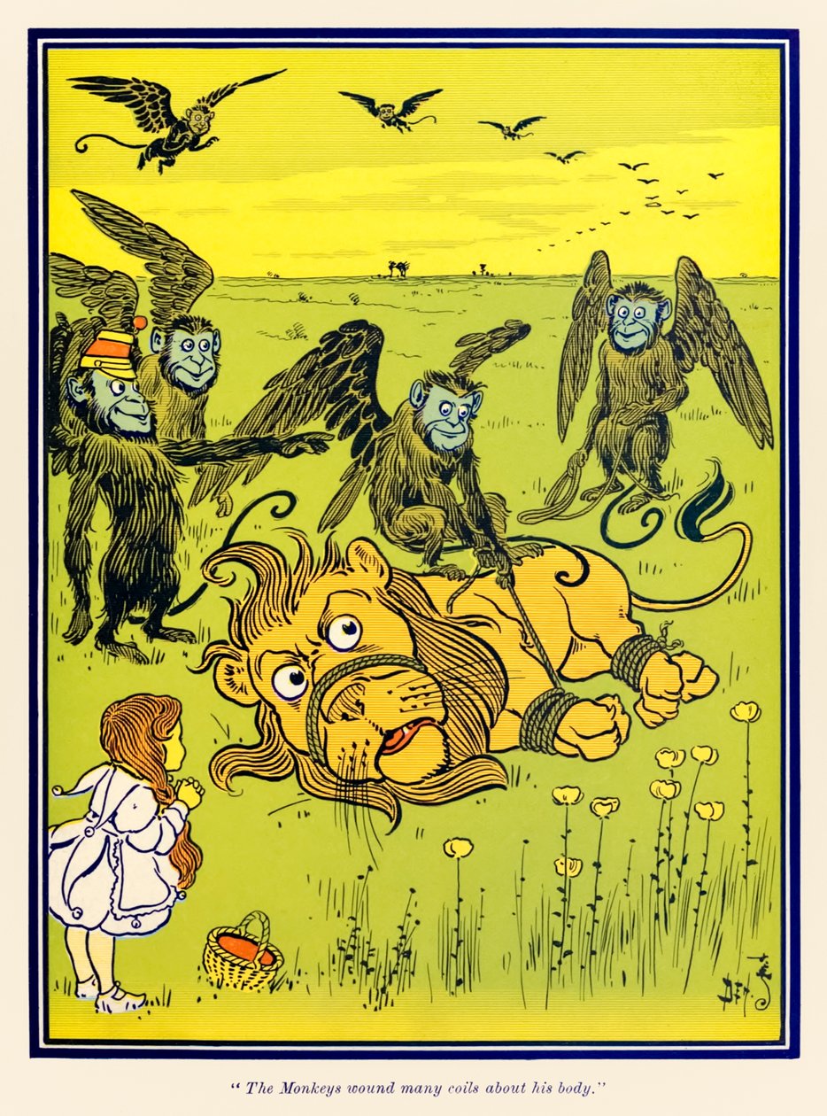 „Małpy owinęły wiele zwojów wokół jego ciała” z „Wspaniałego czarnoksiężnika z krainy Oz” L. Franka Bauma autorstwa William Wallace Denslow