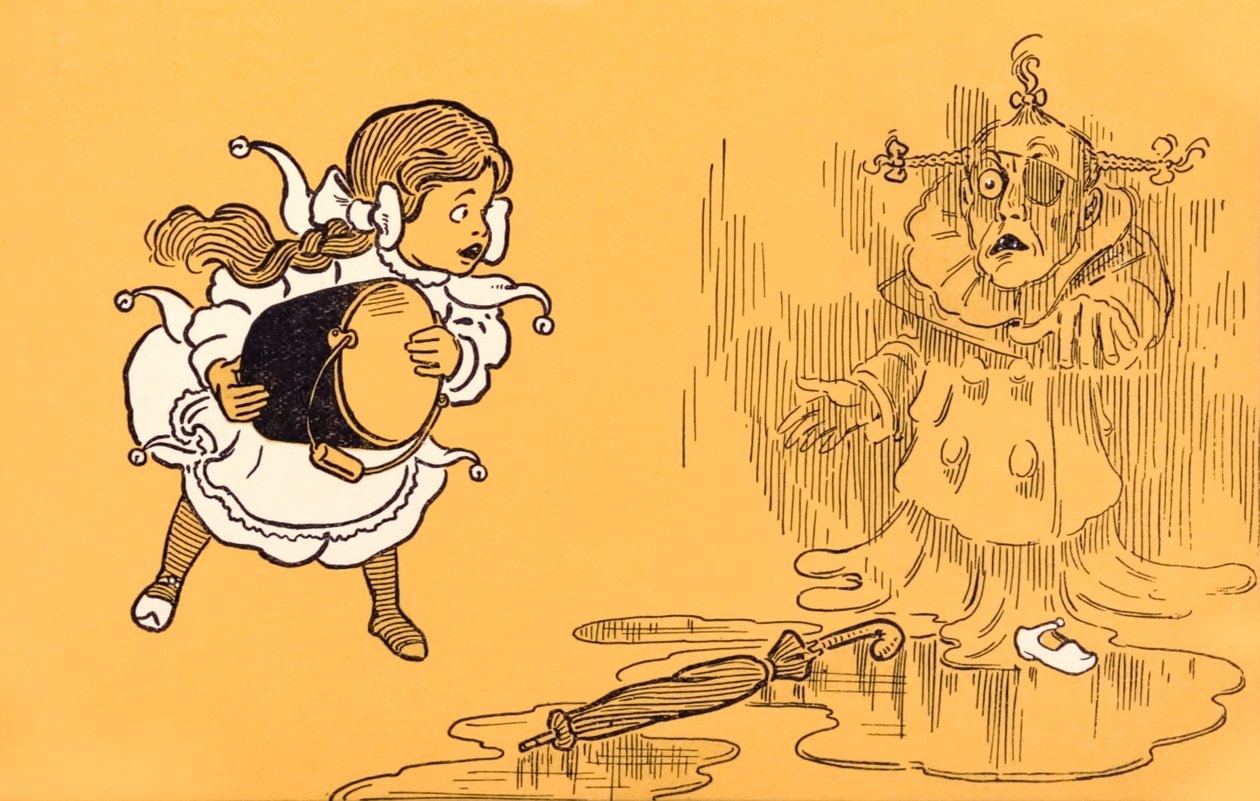 Zła Czarownica z Zachodu rozpływa się, z „Wspaniałego czarnoksiężnika z krainy Oz” L. Franka Bauma autorstwa William Wallace Denslow