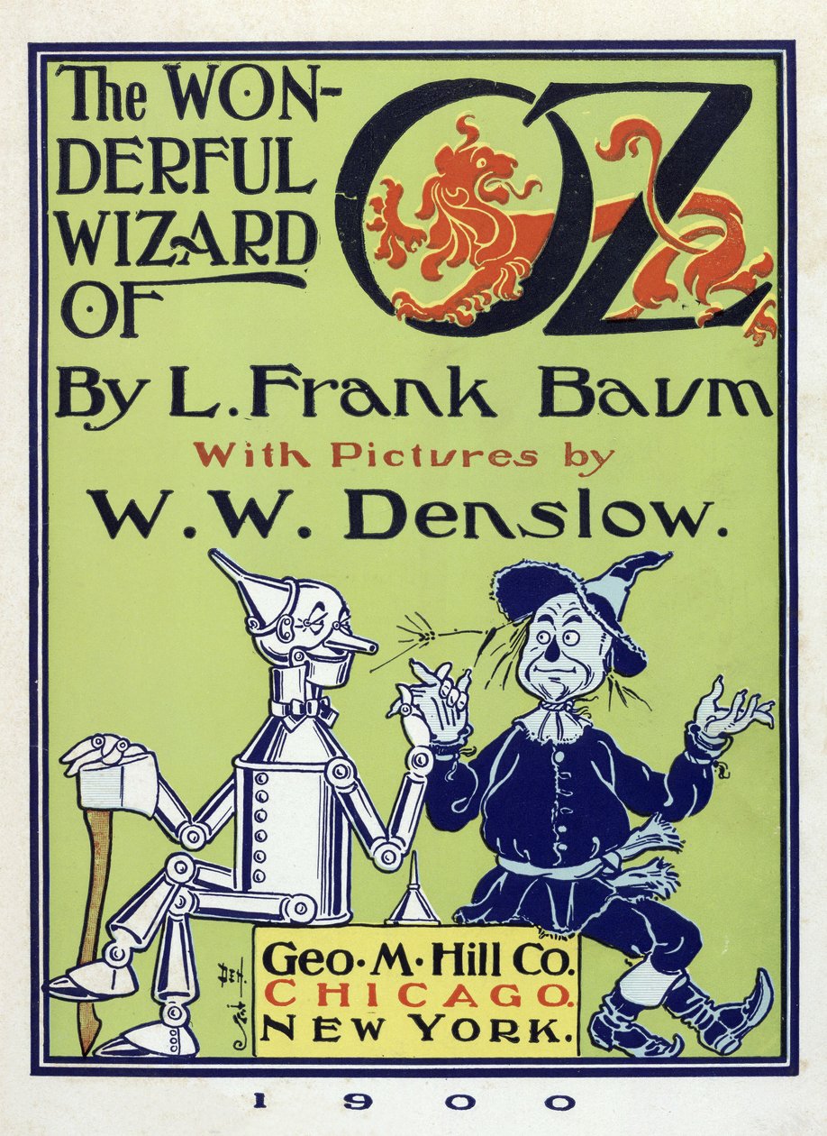 Strona tytułowa z książki "Czarnoksiężnik z krainy Oz" autorstwa Lymna Franka Bauma (1856 - 1919) wyd. 1900 (litografia kolorowa) autorstwa William Wallace Denslow