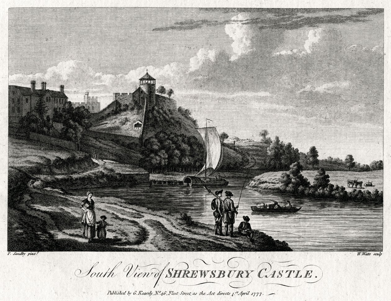 Widok południowy na zamek Shrewsbury, Shropshire, 1777 autorstwa William Watts