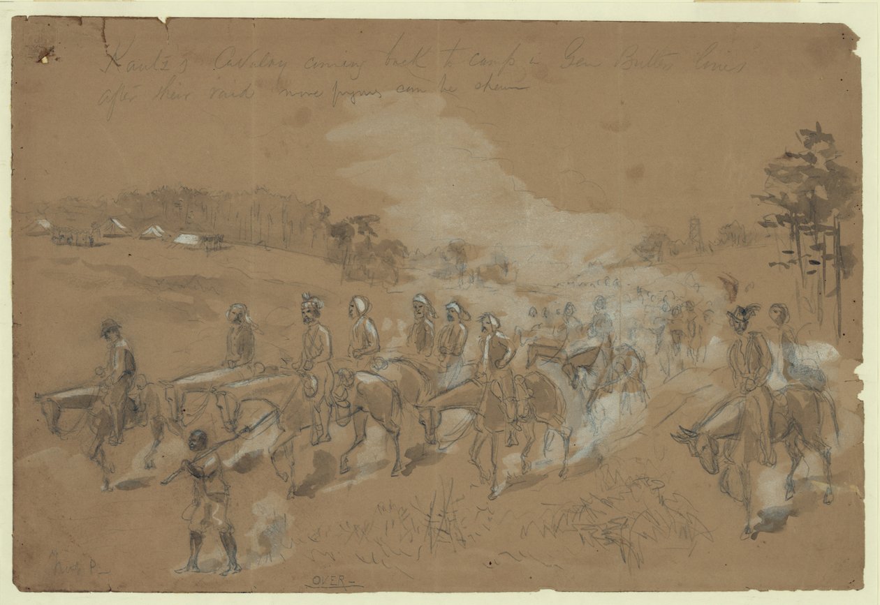 Kawaleria Kautza wraca do obozu w liniach Gen Butlers po ich najeździe Streszczenie/średnie autorstwa William Waud