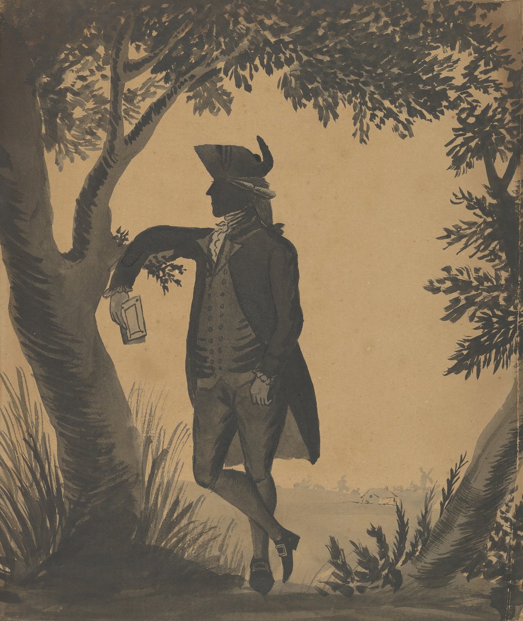 Młody mężczyzna oparty o drzewo z książką, ca. 1780-89. autorstwa William Wellings