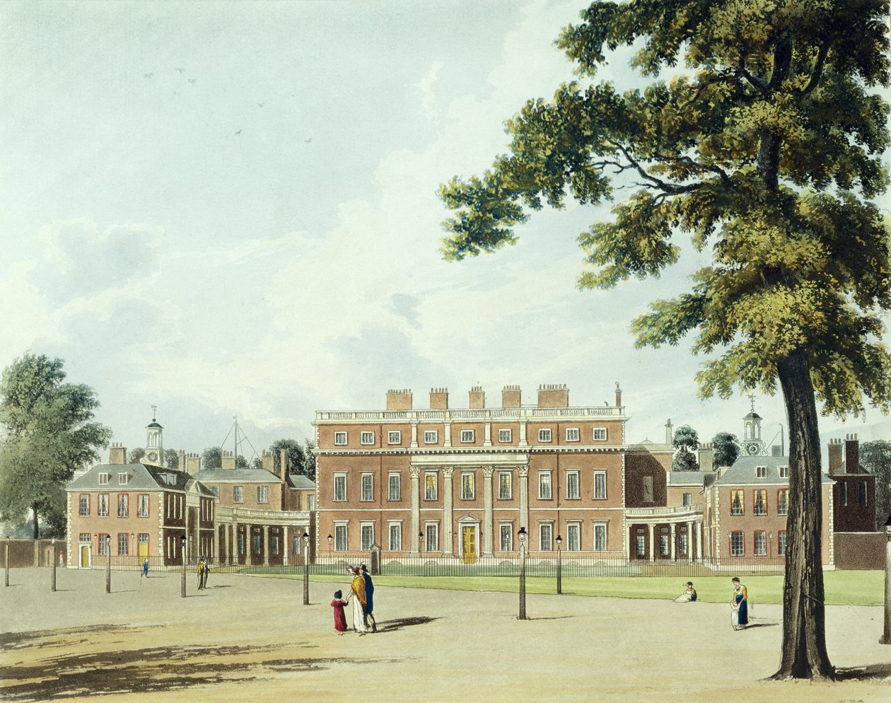 Buckingham House, z „Historia rezydencji królewskich”, ryty: Thomas Sutherland (ur. 1785), William Henry Pyne (1769-1843), 1819 autorstwa William Westall
