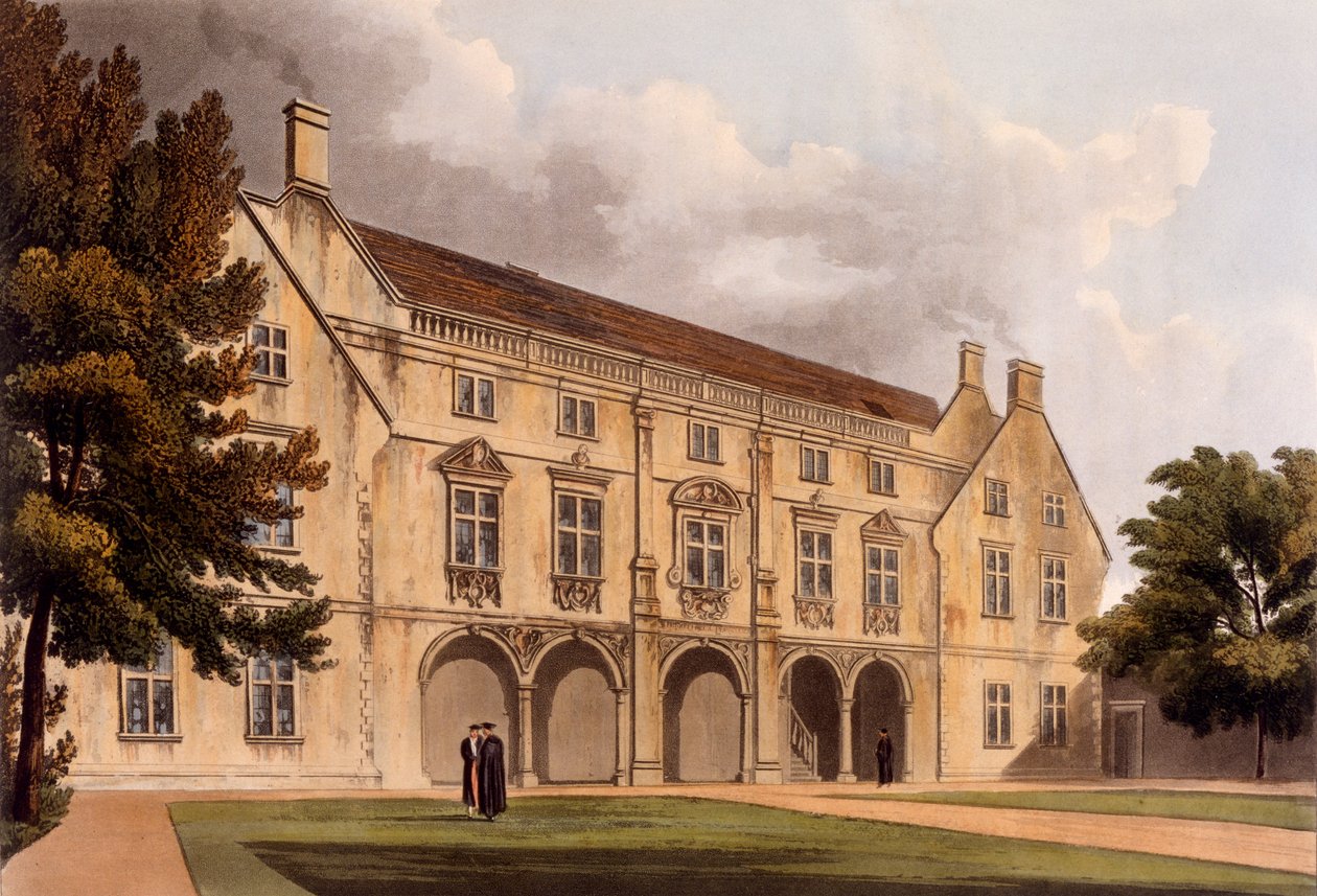 Na zewnątrz Biblioteki Magdalene College, Cambridge, z „Historii Cambridge”, ryty: Joseph Constantine Stadler (fl.1780-1812), wyd. R. Ackermann, 1815 (akwatinta kolorowa) autorstwa William Westall
