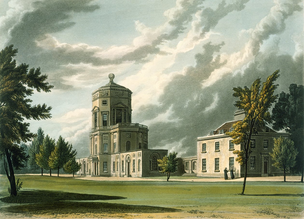 Na zewnątrz Obserwatorium Astronomiczne, ilustracja z Historii Oksfordu, ryty: Joseph Constantine Stadler (fl.1780-1813) wyd. R. Ackermann, 1813 (akwatinta) autorstwa William Westall