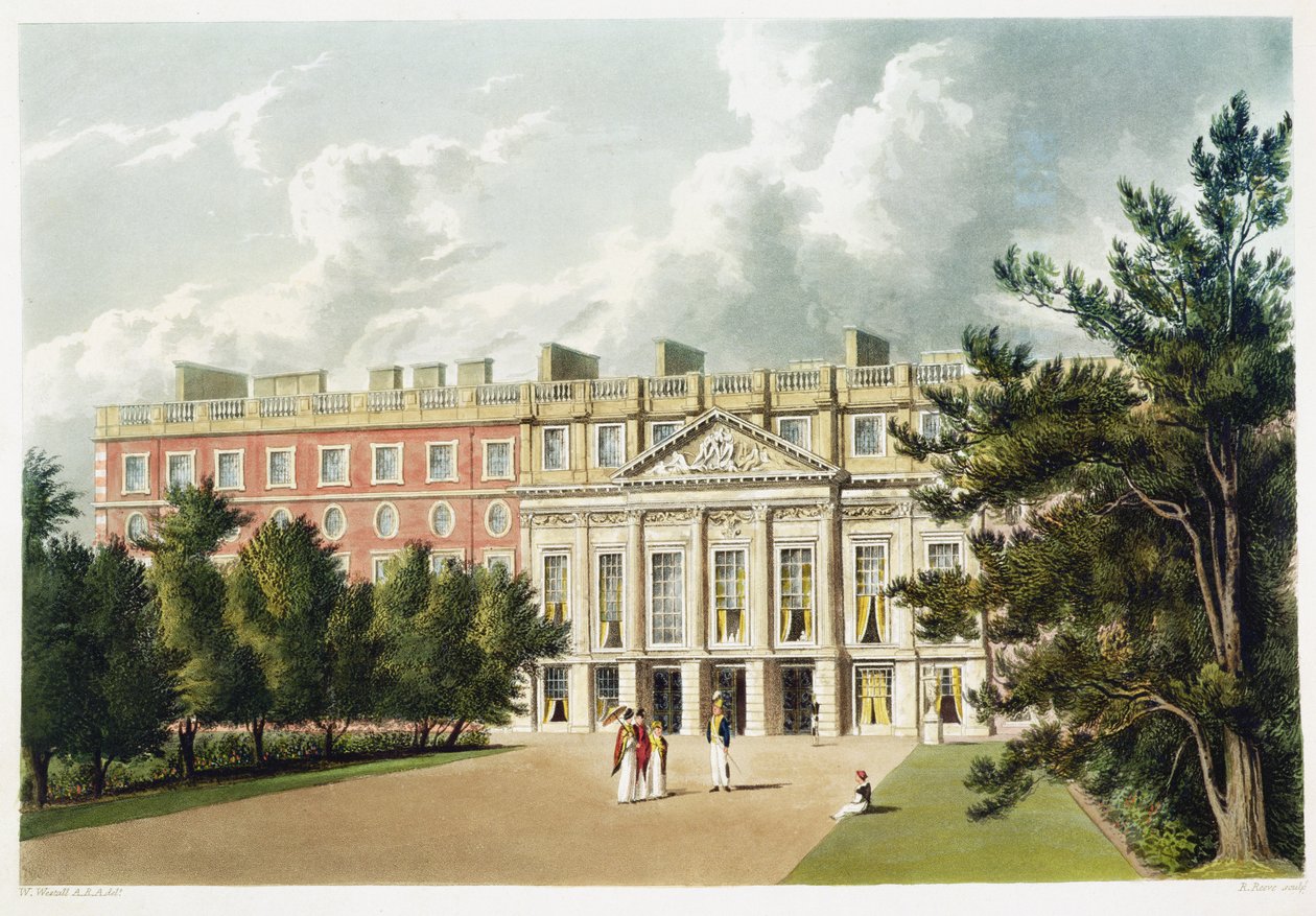Pałac Hampton Court, z „Historia rezydencji królewskich”, ryty: Richard Reeve (ur. 1780), William Henry Pyne (1769-1843), 1819 autorstwa William Westall