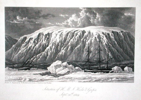 Sytuacja H.M.S. Hecla & Griper, 20 września 1819, z „Journal of a Voyage for the Discovery of North West Passage z Atlantyku na Pacyfik w latach 1819-20”, William Edward Parry, opublikowany 1821 (rycina) autorstwa William Westall
