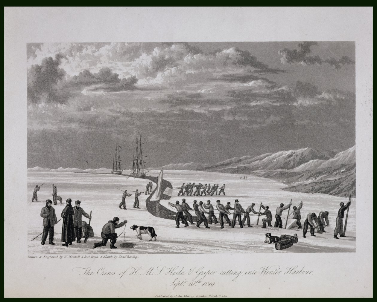 Załogi H.M.S. Hecla und Griper wbijają się do Portu Zimowego, 26 września 1819 r., z „Journal of a Voyage for the Discovery of North West Passage z Atlantyku na Pacyfik, wykonanej w t autorstwa William Westall