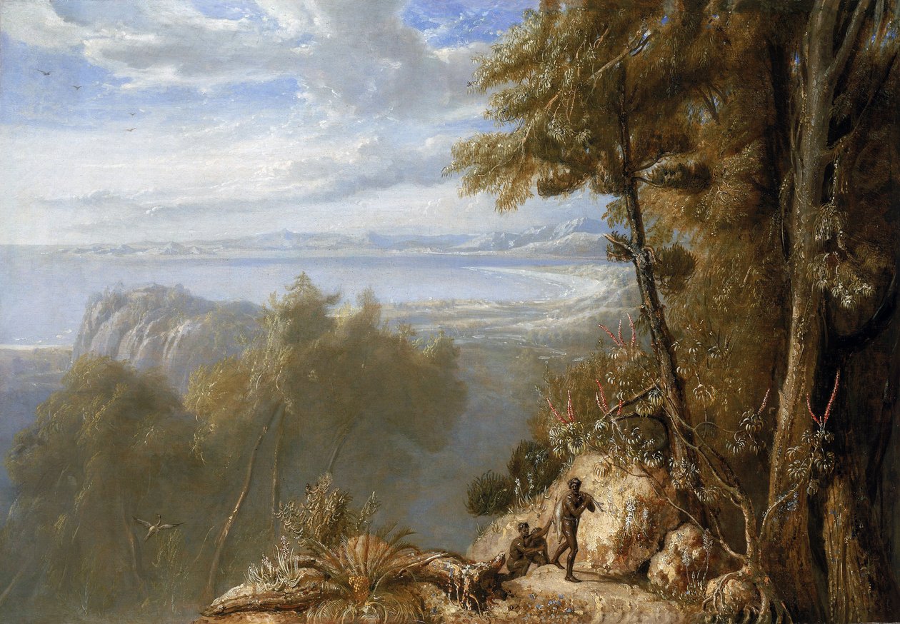 Widok Port Bowen (Australia), sierpień 1802 r., podczas wyprawy Matthew Flindersa (1774-1814) na statku Investigator w latach 1801-1803 w celu sporządzenia mapy południowych lądów, malarz był częścią ekspedycji. autorstwa William Westall