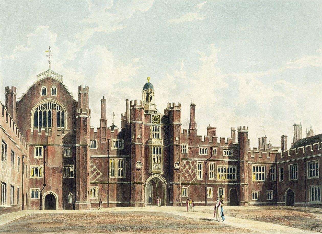 Widok na czworokąt w pałacu Hampton Court z „Rezydencji królewskich” Pyne rytowanych przez Thomasa Sutherlanda (b.c.1785), opublikowany w 1819 r. autorstwa William Westall