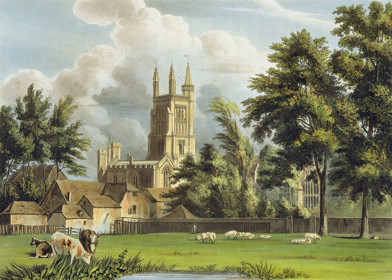 Winchester College z łąki, z „Historii Winchester College”, część „Historii kolegiów”, ryciny przez Josepha Constantine