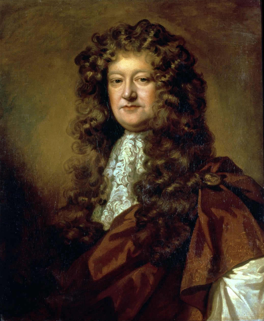 Portret dżentelmena w brązowym płaszczu i białym żabocie autorstwa William Wissing or Wissmig