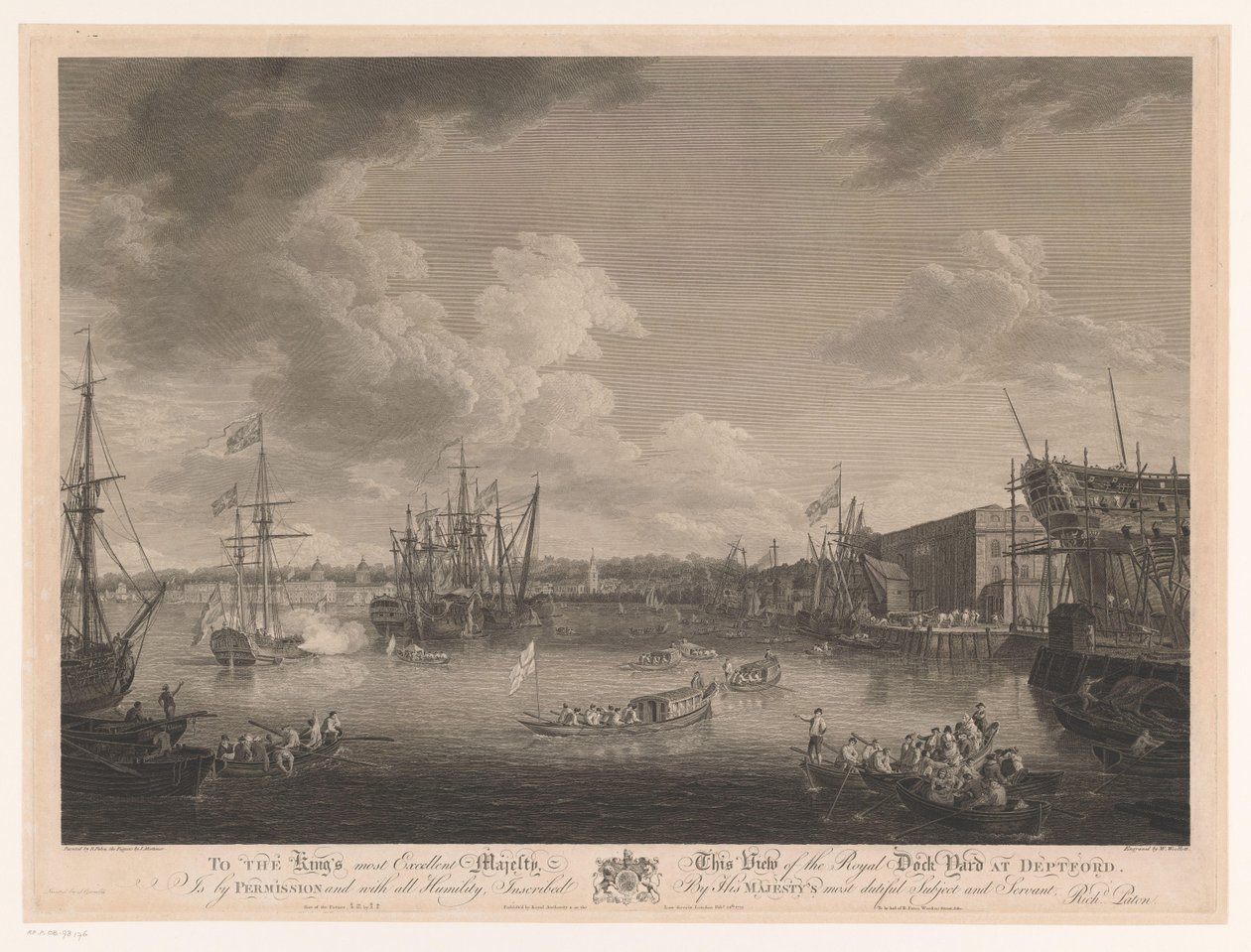 Widok na Stocznię Deptford (...) Widok na Royal Dock Yark w Deptford (...) (tytuł na obiekcie) autorstwa William Woollett