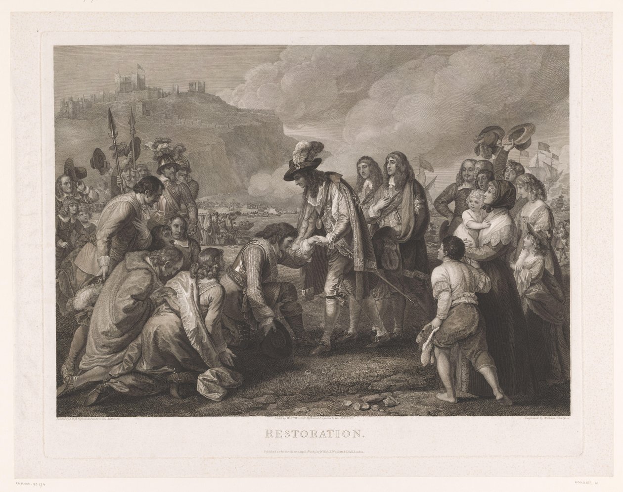 Karol II z Anglii przybywa na plażę w Dover, 25 maja 1660 r Przywrócenie (tytuł na obiekcie) autorstwa William Woollett