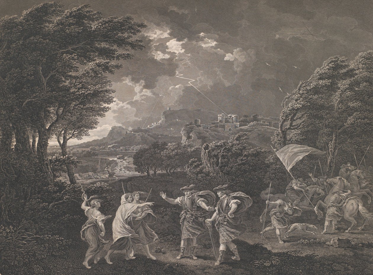 Makbet i czarownice Szekspir, Makbet, akt 1, scena 1, 1770. autorstwa William Woollett