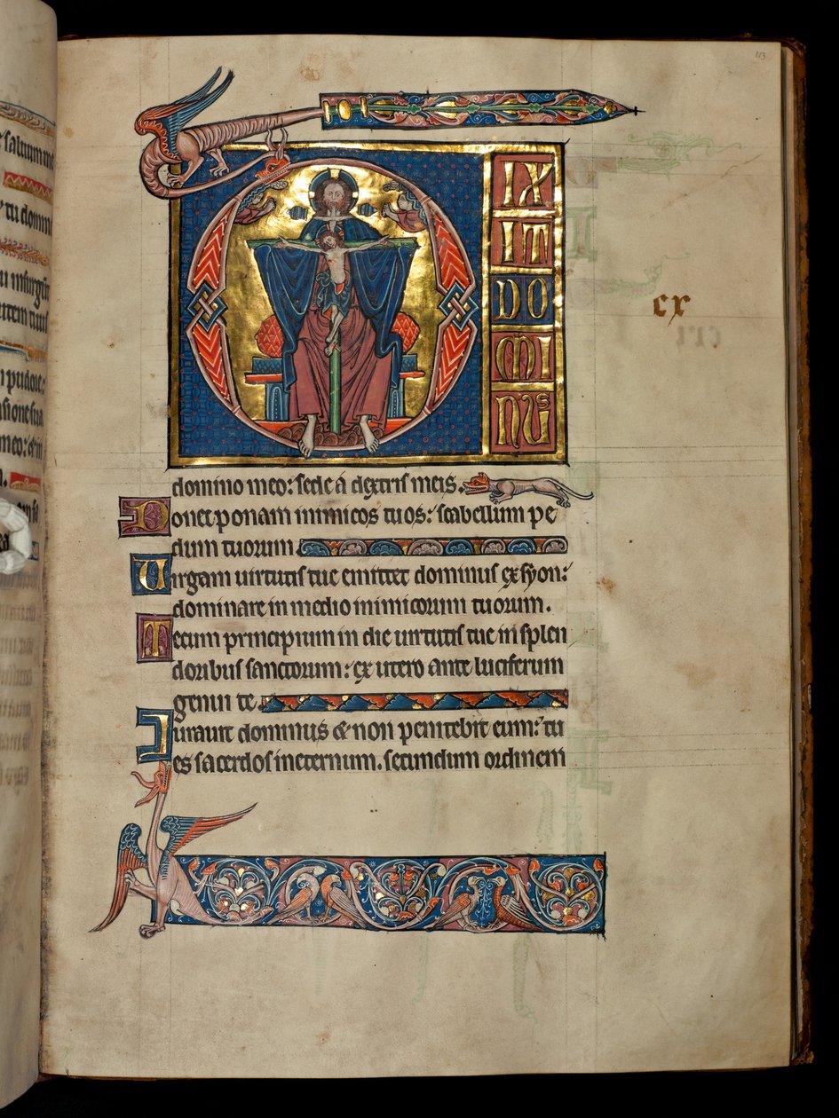 Ms 322 f.113r Psalm 109, inicjał D, Trójca Święta, ilustracja z "De Brailes Psalter", ok. 1250 r. autorstwa William de Brailes  