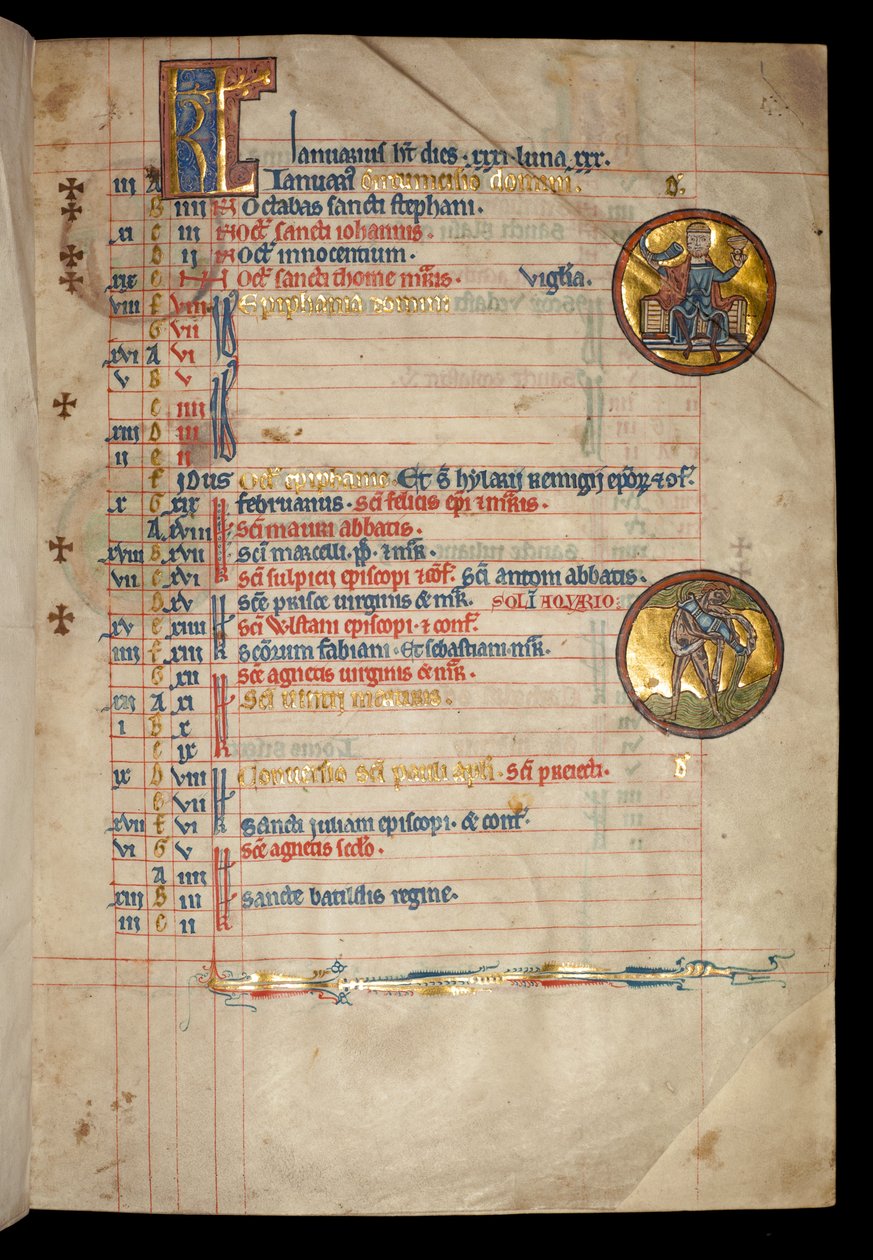 Ms 322 f.1r stycznia, trójgłowy mężczyzna pijący, ilustracja z „De Brailes Psałterz”, c.1250 autorstwa William de Brailes  
