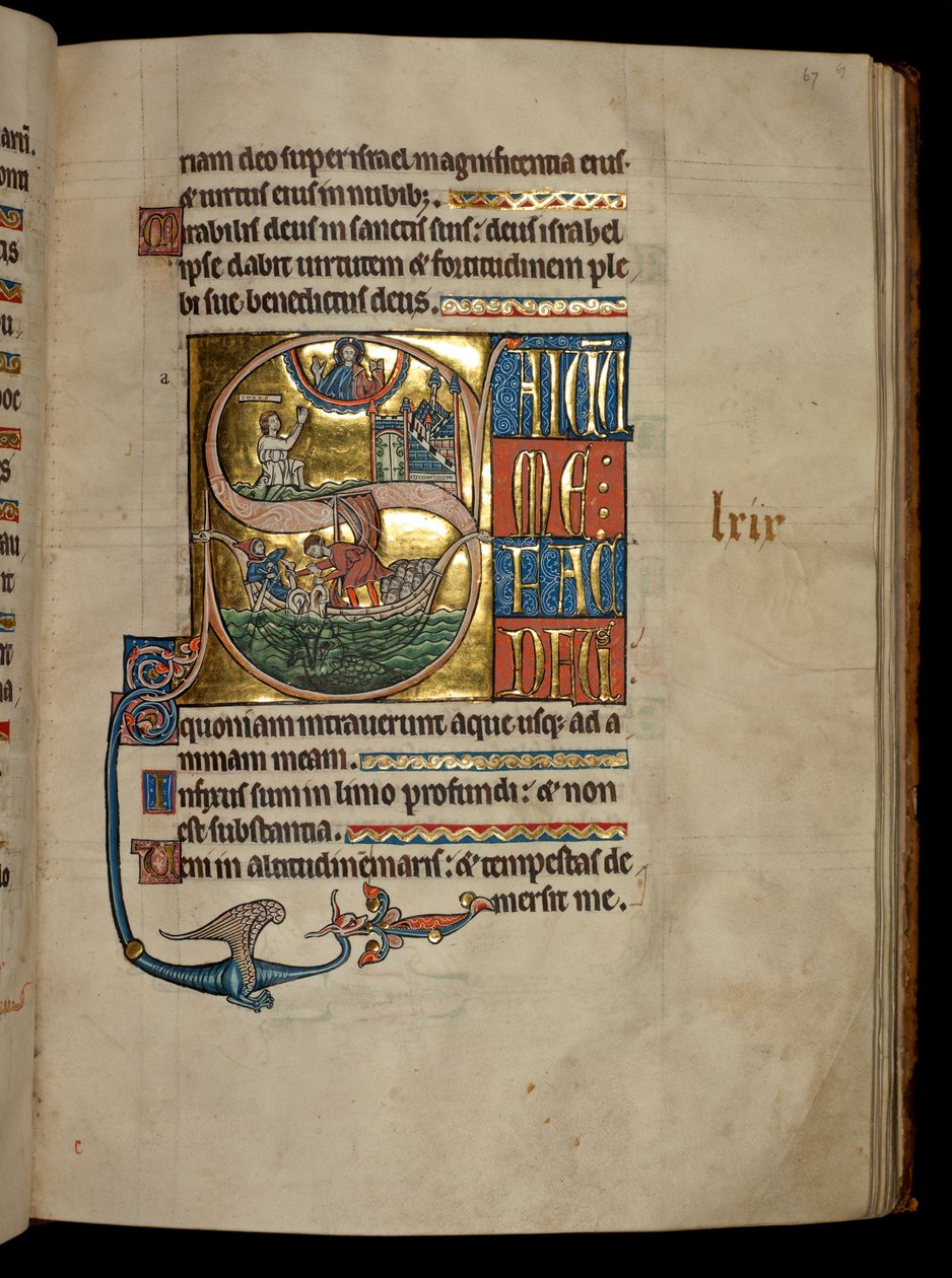 Ms 322 f.67r, Psalm 68, inicjał S, Jonasz modlący się do Chrystusa wychodzącego z wieloryba i Jonasz rzucony wielorybowi, ilustracja z 