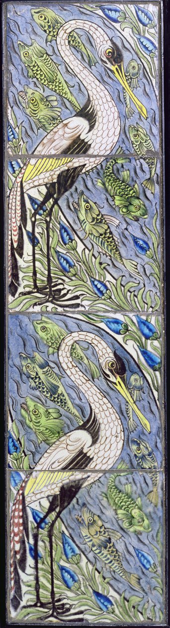 Cztery płytki przedstawiające ptaki łowiące ryby (ceramiczne) autorstwa William de Morgan