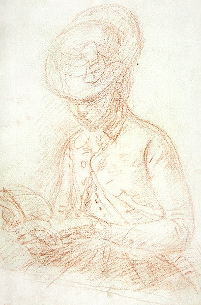 Kobieta w stroju jeździeckim czytająca (czerwona kreda na papierze) autorstwa William of Bath Hoare