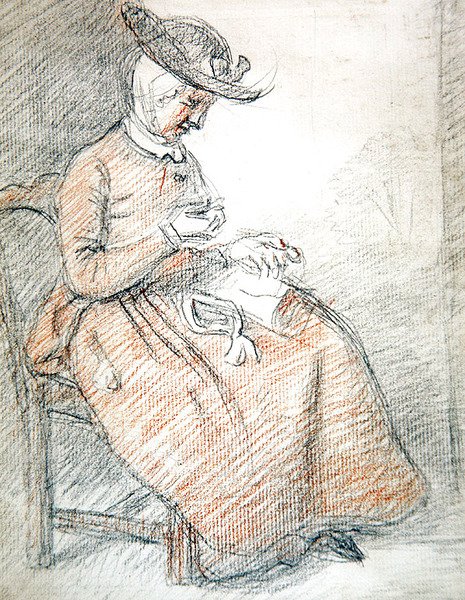 Kobieta siedząca do szycia (czerwona i czarna kreda na papierze) autorstwa William of Bath Hoare