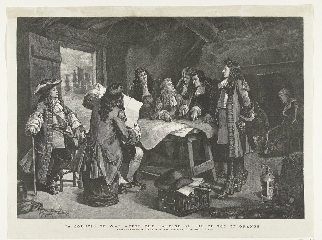 Wilhelm III odbywa naradę wojenną w chacie rybackiej, 1688 Narada wojenna po wylądowaniu księcia Orange (tytuł na obiekcie) autorstwa Williamson