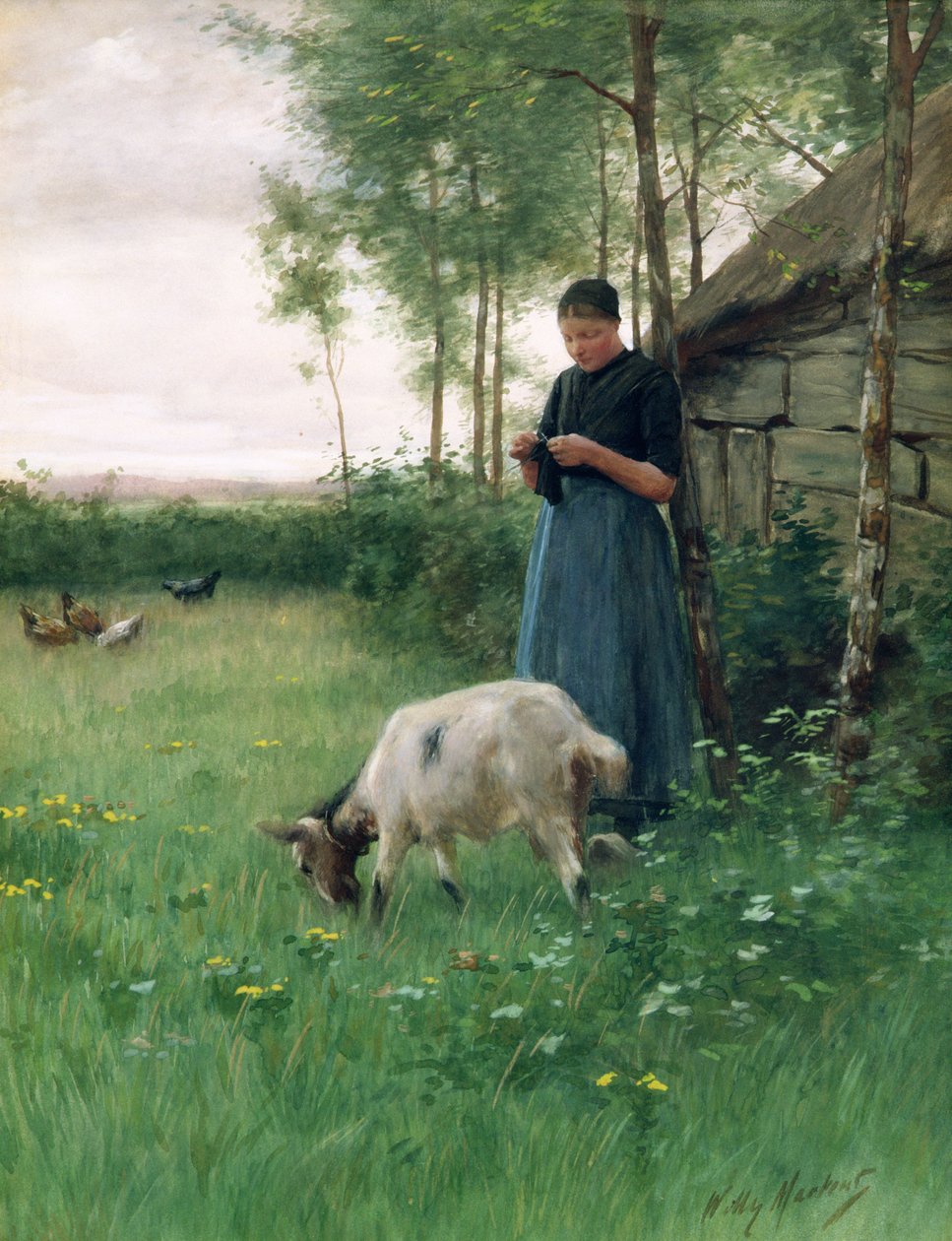 Holenderska dziewczyna z kozą i kurczakami, ok. 1910 autorstwa Willy Martens