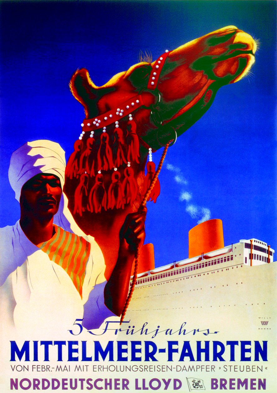 "5 wiosennych rejsów po Morzu Śródziemnym", plakat reklamujący Bremen North German Lloyd Line autorstwa Willy Hanke