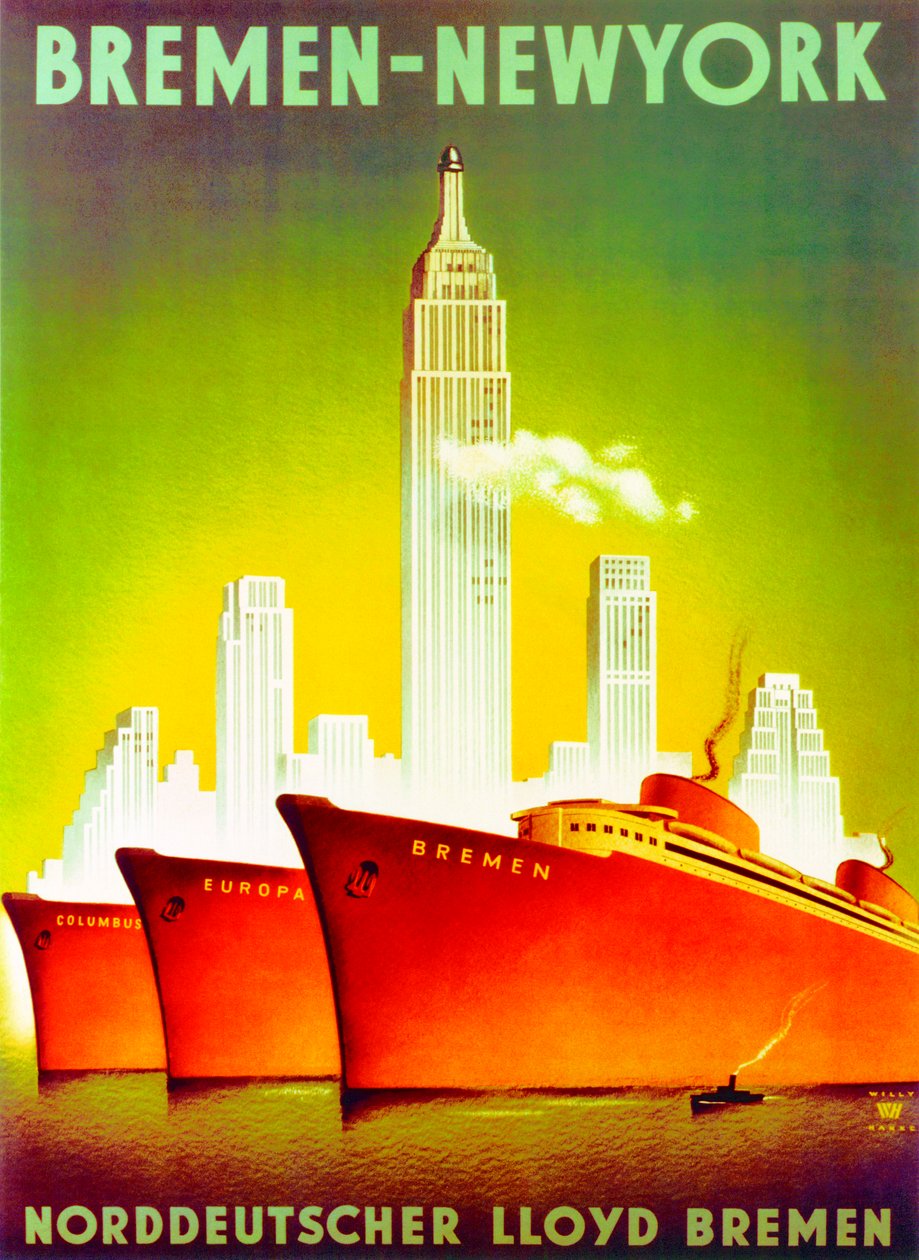 "Brema - Nowy Jork", plakat reklamujący North German Lloyd Line autorstwa Willy Hanke